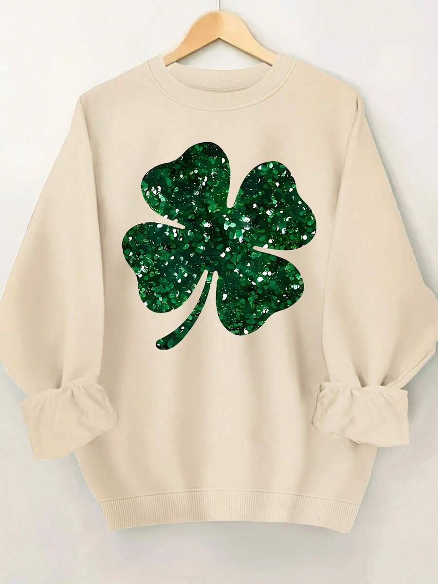 Women's St. Patrick's Day Sweatshirt With Shiny Four-Leaf Clover Print, Round Neck Sweatshirt, Suitable For Daily Casual Wear, Combining Fashionable Print And Comfortable Neckline.Loose And Comfortablevalentines Sweatshirts - 杏色 - 查看 1