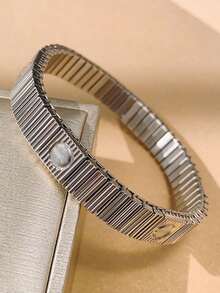 Women's Fashion Elastic Bracelet, Lightweight Luxurious Everyday Commute Accessory, Stainless Steel Elastic Bracelet, 18K Gold Plated Elastic Bracelet - Multicolor - View 5