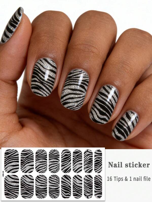 16 Pcs Silver Speckled Zebra Print Nail Wraps, Luxury Nail Strips, Easy To Apply, Perfect For Women's Daily Casual Home DIY Nail Art Stickers. Nails Nail Supplies