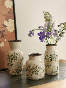 1pc/3pcs Handmade Vintage Garden Style Ceramic Vase, Crackle Glaze Design, White Base With Green Floral Pattern, Suitable For Indoor, Living Room, Kitchen, Tabletop, Windowsill, Dining Table Decor, Can Hold Fresh/Dried Flowers, Ideal Gift For Boyfriend/Girlfriend, Graduation, Ramadan, Holidays, Ramadan Decoration, Ramadan Blessings - Multicolor - View 13