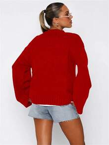 2026 Spring Women's Oversized Mock Neck Knit Sweater - Soft Lightweight Casual Loose-Fit Pullover Women's Soft Lightweight Knit Casual Loose-Fit Top  Lightweight Casual Loose-Fit Pullover  Casual  Elegant  Cute    Rib-Knit    Beach  Home - 紅色 - 查看 4