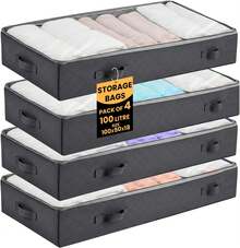 Under Bed Storage Organisers With Zipper 100L Clothes Storage Box And Handles – Non-Woven Clothes Storage Bags For Bedding, Blankets & Underbed Oragnizer – Dust-Resistant & Breathable New - Grey - View 1