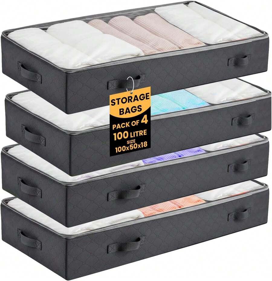 Under Bed Storage Organisers With Zipper 100L Clothes Storage Box And Handles – Non-Woven Clothes Storage Bags For Bedding, Blankets & Underbed Oragnizer – Dust-Resistant & Breathable New - Grey - View 1