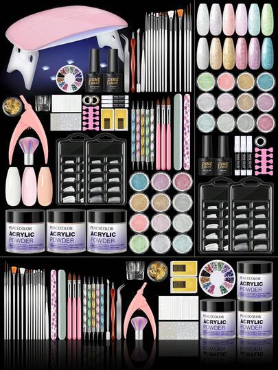 peacecolor 34 st/set 10 g akrylpulverkit - rosa, vit, hudfärgad rosa och 12 st glitter, baslack och överlack, prickpenna, akrylpensel, UV/LED-lampa, lämplig för kvinnor, Crystal Nail Salon