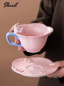 shoxil 一套咖啡杯碟，粉色立体花朵咖啡杯牛奶杯水杯陶瓷杯 - 粉紅色花瓣杯碟套裝 - 查看 10