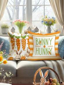 4 Easter Bunny And Carrot Polyester Pillow Covers- Happy, Bunny, Honey, Egg Designs, Orange, Suitable For Spring Decoration, Living Room, Bedroom, Sofa Or Bed(No Insert), Bunny Additions - Orange - View 6