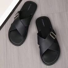 Black Slippers, Comfortable One-Strap Flat Slouchy Sandals, Versatile Men's Beach Slippers - Black - View 3