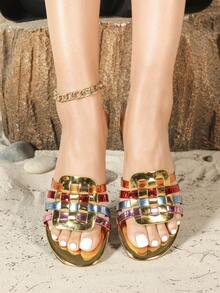 2cm Low Heel Metallic Woven Strap Slide Sandals, Bohemian Style Casual Beach Slippers For Summer - Gold - View 5