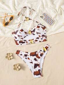 Women's Tie-Dye Hollow Out Design Halter Bikini Two Pieces Set, Elegant Beach Wear For All Seasons - Multicolor - View 4