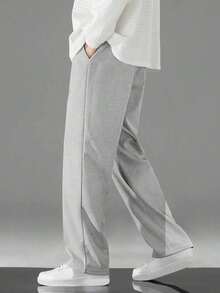 1件青少年男童休闲华夫格针织直筒裤，舒适户外运动，春秋季 - 淺灰色 - 查看 3