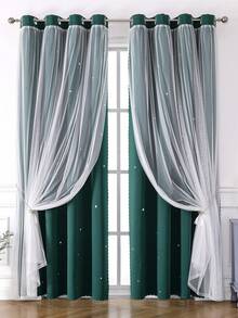 1pc Star Hollow Window Curtain, Polyester Lace Star Sheer Curtain, Room Darkening Curtain, Princess Style Double Layer Blackout Curtain - Dark Green - View 1