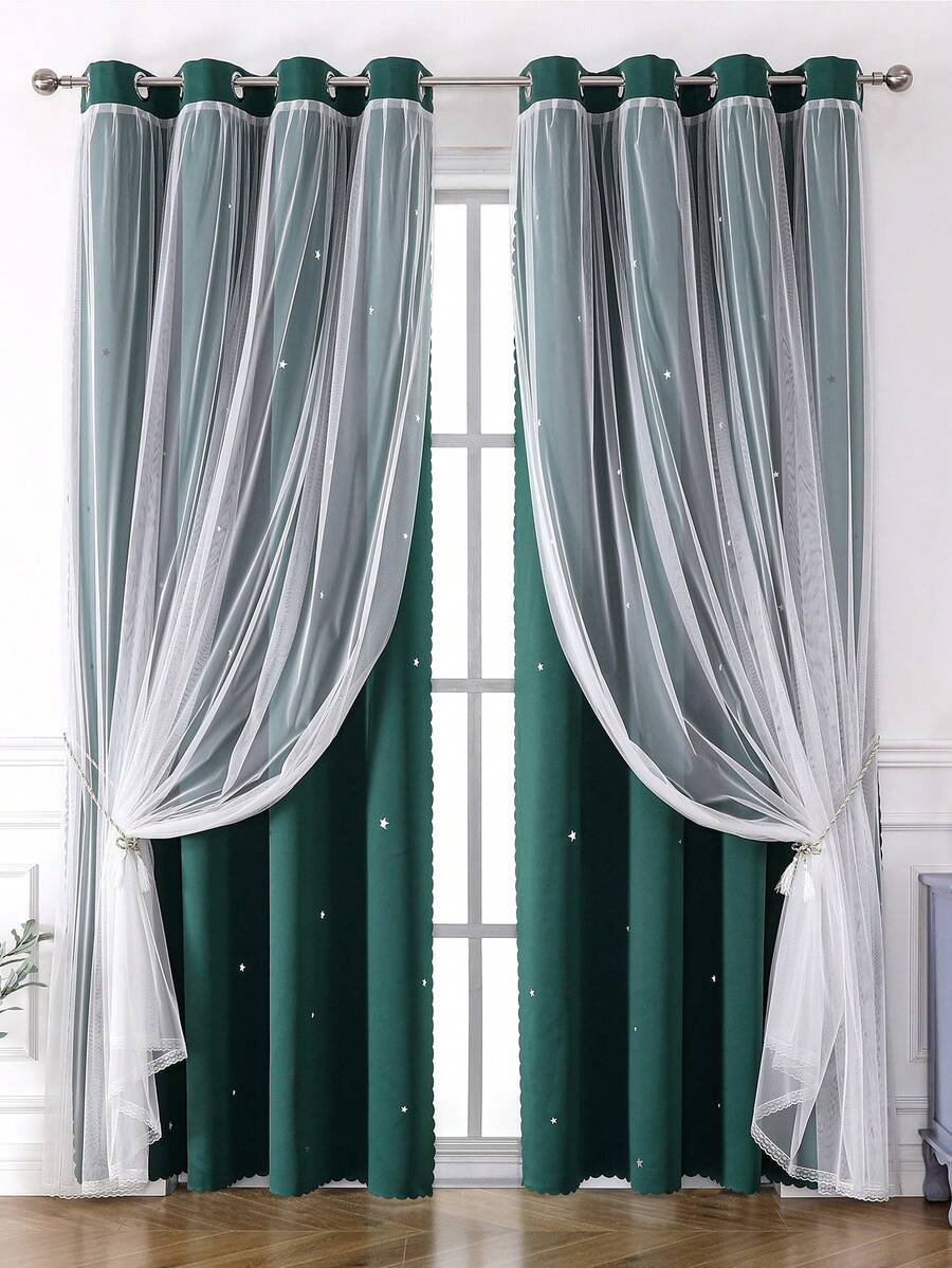 1pc Star Hollow Window Curtain, Polyester Lace Star Sheer Curtain, Room Darkening Curtain, Princess Style Double Layer Blackout Curtain - Dark Green - View 1