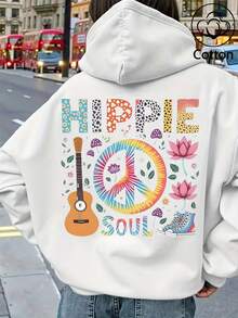 HIPPIE SOUL Printed Women's Autumn/Winter Warm Wool-Lined Cotton Dropped Shoulder Long Sleeve Casual Sweatshirt, Soft & Comfortable, Suitable For Cold Weather, Y2K Style, Suitable For Valentine's Day, Carnival, Party, Beach, Wedding, Gym, Elegant, Vacation - White - View 1