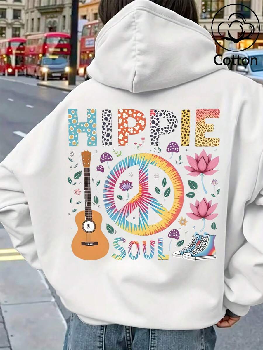 HIPPIE SOUL Printed Women's Autumn/Winter Warm Wool-Lined Cotton Dropped Shoulder Long Sleeve Casual Sweatshirt, Soft & Comfortable, Suitable For Cold Weather, Y2K Style, Suitable For Valentine's Day, Carnival, Party, Beach, Wedding, Gym, Elegant, Vacation - White - View 1