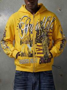 Men's Sweater Y2K Hip Hop Streetwear Free Muse Print Vintage Alphabet Hooded Cardigan Print Loose Sport Sweater - Màu vàng - Xem 5
