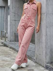 Casual Sleeveless Denim Jumpsuit For Women Extra Long Pink Romper With Pockets Non-Stretch Fabric - Pink - View 4