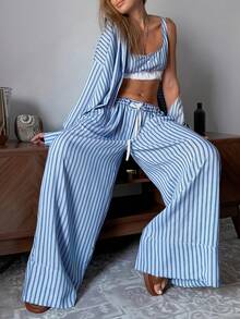 3 piezas Conjunto de pijama de mujer con estampado de rayas, incluye camiseta de tirantes, top de manga larga y pantalón largo, para primavera/otoño - Azul - Ver 6