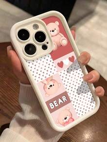 1pc Cute Bear & Heart Letter Pattern Thick Shockproof Full Coverage Soft Phone Case, Compatible With IPhone 11/12/13/14/15/16/17 Pro Max - Multicolor - View 1