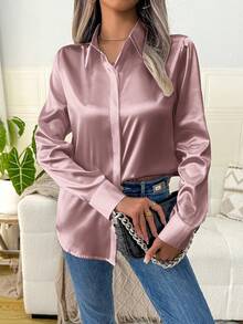 女士优雅府绸衬衫，经典柔软舒适单排扣纯色长袖衬衫，2026 新款 - 藕粉色 - 查看 2