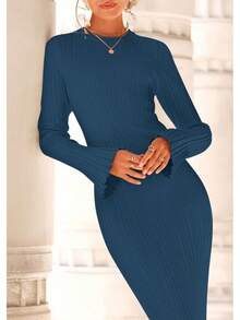 2026 Women's Fall Winter Bell Sleeve Crew Neck Ribbed Knit Bodycon Sweater Maxi Dress - 深藍色 - 查看 6