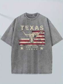 Vintage Texas And Longhorn Print Men's Washed And Distressed Print Round Neck Short Sleeve Casual T-Shirt,Vintage Washed Pure Cotton T-Shirt For Men Women(Game Day & Valentine's Day) - 灰色 3 - 查看 1