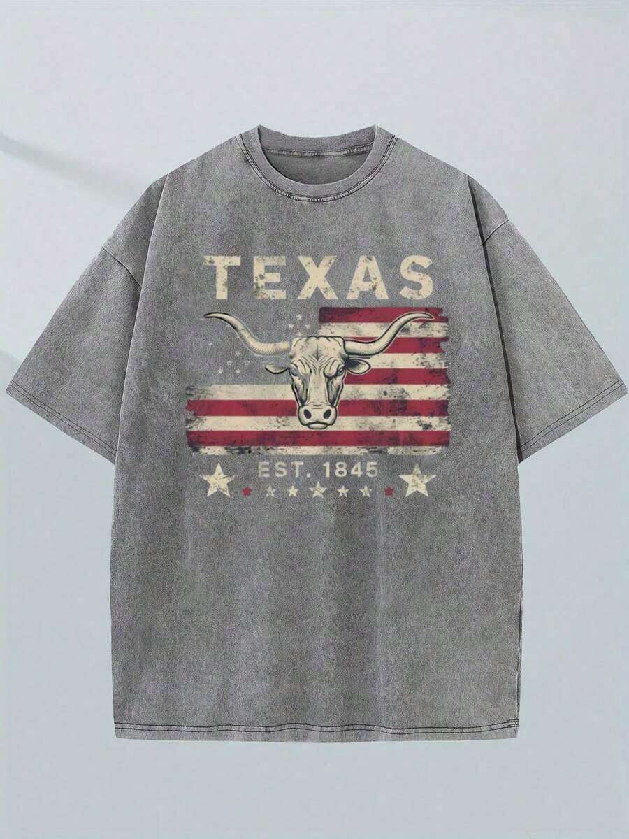 Vintage Texas And Longhorn Print Men's Washed And Distressed Print Round Neck Short Sleeve Casual T-Shirt,Vintage Washed Pure Cotton T-Shirt For Men Women(Game Day & Valentine's Day) - 灰色 3 - 查看 1