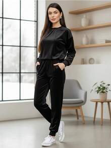 Women's Plus Velvet Set With Pockets HF-CON-050 - màu đen - Xem 1