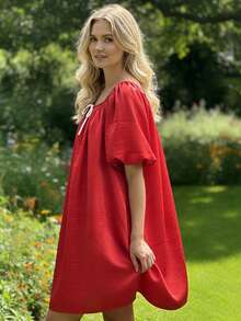 Women's Summer Mini Dress Short Puff Sleeve Square Neck Solid Color Satin Dress - Red - View 7