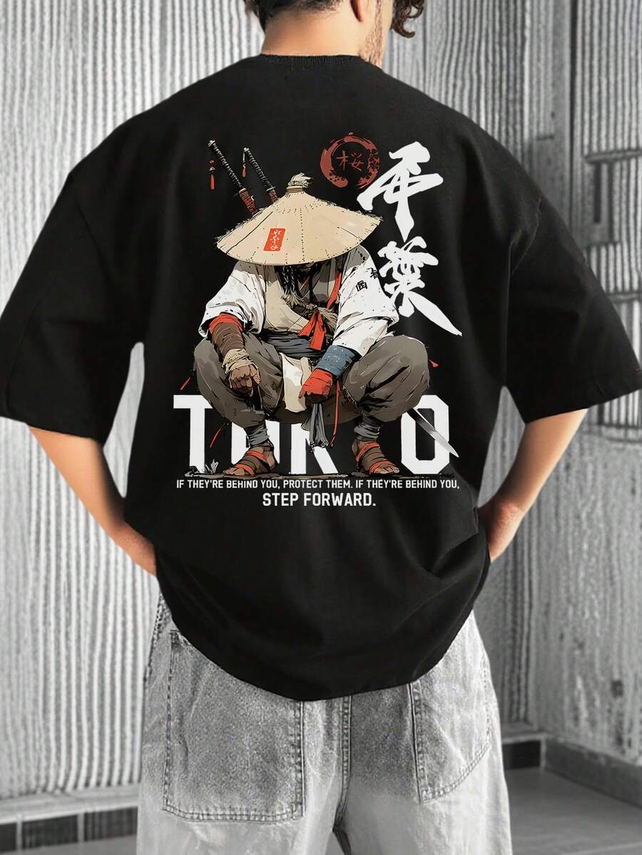 Men's Fashionable Minimalist Figure Print Short Sleeve T-Shirt | All-Match Street Casual Pullover Top - Black - View 1