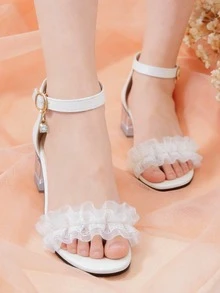 1 đôi sandal cao gót thời trang cho trẻ em, sandal cao gót thanh lịch cho bé gái với viền ren, thiết kế khóa điều chỉnh, phù hợp cho đi chơi hàng ngày, dự tiệc cưới, du lịch mùa hè. - trắng - Xem 5