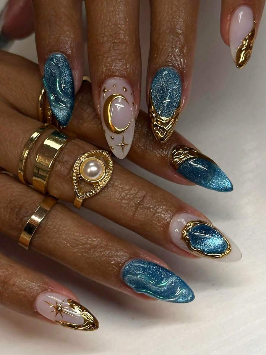 Bộ 24 móng giả mắt mèo 3D họa tiết sóng nước sao trăng vàng sang trọng phong cách Y2K, bóng bẩy, phủ toàn bộ móng, thích hợp cho phụ nữ sử dụng hàng ngày.