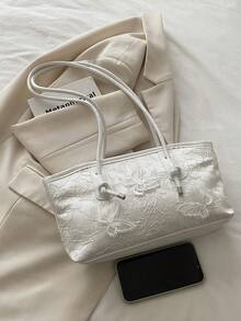 1个蝴蝶蕾丝拉链保龄球包，大容量手提包，新款时尚纹理单肩包，复古风格腋下通勤包，适合女性日常使用 - 米色 - 查看 10