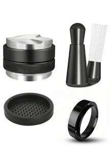 4件套咖啡配件套装，包括带可调节刻度的咖啡压粉器、压力式粉末分配器、圆形垫子和咖啡定量环，专业办公及家用咖啡工具