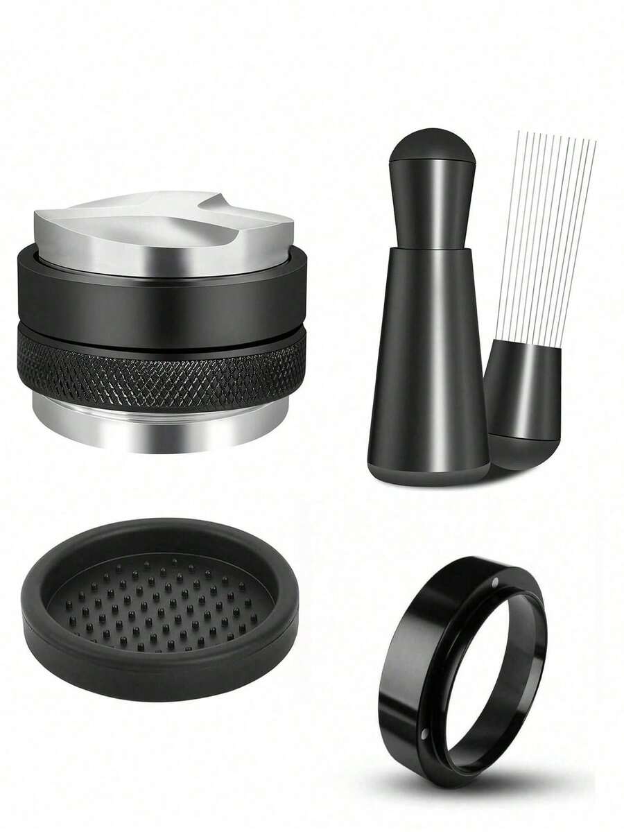 4件套咖啡配件套装，包括带可调节刻度的咖啡压粉器、压力式粉末分配器、圆形垫子和咖啡定量环，专业办公及家用咖啡工具