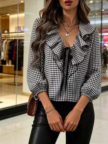 Women's Elegant V-Neck Vintage Plaid Color Block Bow Lantern Sleeve Loose Blouse, Summer Spring - Black and White - View 3