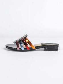 2cm Low Heel Black Colorful Woven Strap Slippers, Bohemian Style Casual Beach Holiday Sandals - Black - View 6