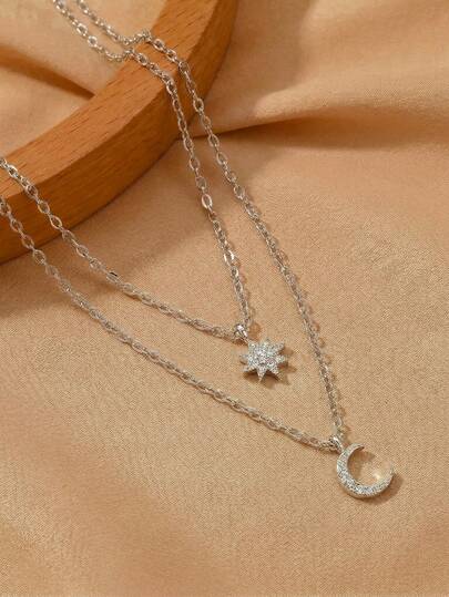 1pc Luxury Fashion Elegant Versatile Rhinestone Star & Moon Double Layer Necklace, Suitable For Women's Daily, Festival, And Date Wear