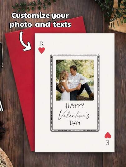 Custom 1/5/10/20Set Happy Valentine's Day Cards, Personalizable With Photo, Text, Etc. - Poker Red Heart & Minimalist Border Design, Retro Casual Style, Suitable For Couple Gifting, Daily Surprise, Holiday Wishes, Etc.