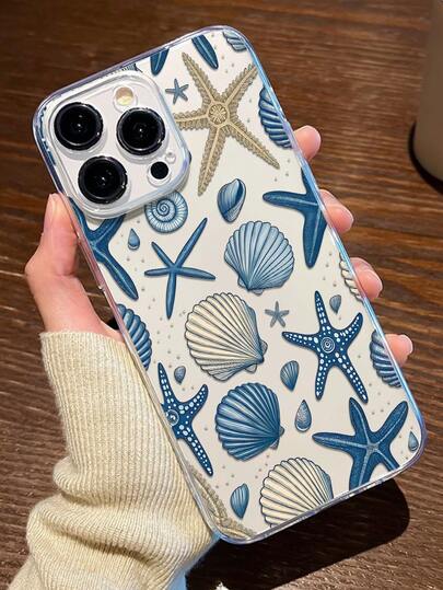 1 pieza Funda de teléfono transparente de TPU con absorción de golpes y resistente a arañazos y huellas dactilares, con diseño gráfico de estrella de mar, concha y caracol marino, compatible con iPhone 16/16Pro/16Plus/15/15ProMax/15Pro/11/12/13/14ProMax/11Pro/11ProMax/12Pro/12ProMax/13Pro/13ProMax/14Pro/14ProMax, diseño premium creativo