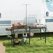Outsunny Camping Kitchen Table, Aluminum Portable Outdoor Cooking Table, Fold-Up Cook Station With Windscreen And 3 Enclosed Cupboards For BBQ, Party, Picnics, Backyards - 黑色,長 68.5 英寸 x 寬 19.7 英寸 x 高 47.2 英寸 - 查看 2