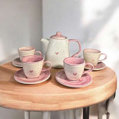 Kit  4 Xícaras de 200ml Com Pires e Chaleira de 1 Litro Para Servir Chá Kit Cozinha