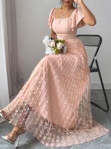 Women's Square Neck Raglan Sleeve Elegant Arabic Style Dress - Pink - View 1