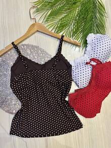 Set Of 3 Polka Dot Tank Tops With Built-In Bra Cups, Made Of Pretty Viscose/Lycra Fabric. - Brown + White + Red - View 2
