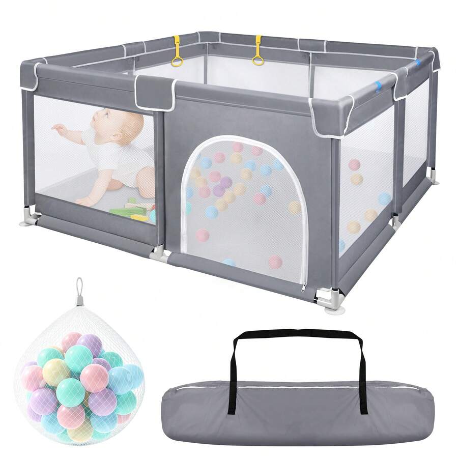 Playground Fence 127*127*68cm/150*180*68cm, Foldable Plastic Activity Center, Comes With 50 Coloured Balls, Breathable Mesh Fabric (Black/Dark Grey).