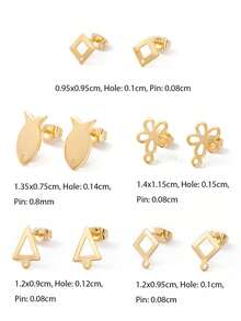 10pcs 201 Stainless Steel Earring Studs With 304 Stainless Steel Posts And Nuts, Diamond/Fish/Flower/Triangle/Rhombus Shapes, Real 24K Gold Plated - Gold - View 9