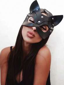 1pc Black Synthetic Leather Cat Mask With Ear Holes - Gothic Punk Style Halloween Party, Carnival Masquerade And Adult Costume Accessory; Cat Themed Mask; Bold And Fashionable Mask - Multicolor - View 3