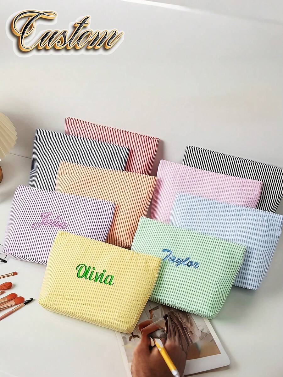 Personalized Bridesmaid Makeup Bag, Women's Large Capacity Mesh Makeup Bag, Bridesmaid Gift, Cosmetic Storage Pouch, Embroidered Letter Toiletry Bag, Embroidered Makeup Bag, Bridesmaid Makeup Bag, Bridesmaid Gift, Women's Gift, Personalized Gift, Wedding Party, Gift, Bridal Shower Engagement Gift, Casual Urban - Multicolor - View 1