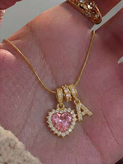 1pc Sweet & Elegant Pink Heart-Shaped Fully Rhinestoned English Letter Pendant Necklace With Stainless Steel Snake Chain, Suitable For Girls And Children For Daily Wear, Anniversary, Valentine's Day, Mother's Day, Birthday Gift