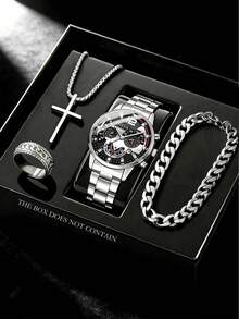 Set Jam Tangan Pria Fashion Bisnis Kasual 4 Buah, Jam Tangan Quartz dengan Dial Besar dan Tali Baja Bulat, Termasuk Gelang Rantai yang Dapat Dipersonalisasi, Kalung Liontin Salib, dan Set Aksesori Cincin, Cocok Sebagai Hadiah untuk Pria, Cocok untuk Liburan, Bisnis, Pesta, dan Pemakaian Sehari-hari - Perak - View 2