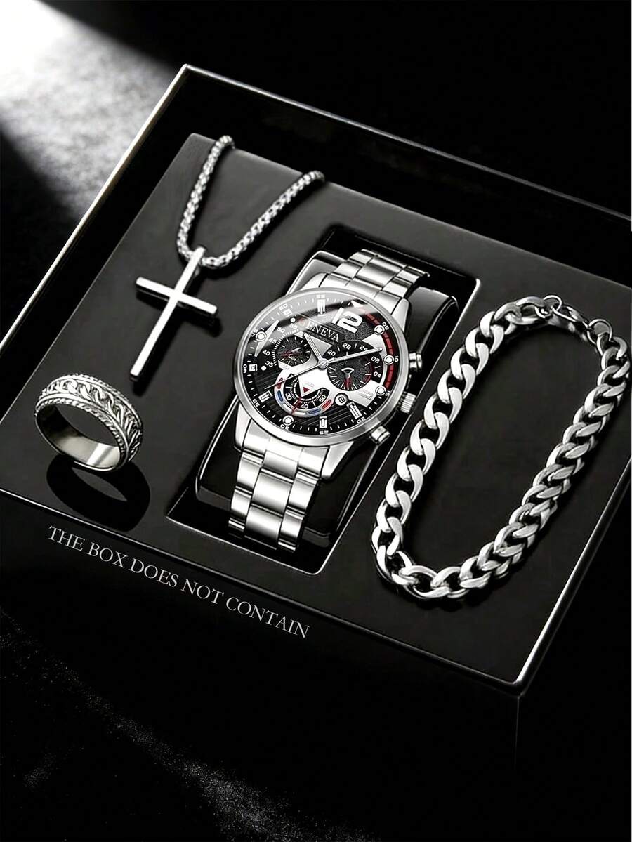 Set Jam Tangan Pria Fashion Bisnis Kasual 4 Buah, Jam Tangan Quartz dengan Dial Besar dan Tali Baja Bulat, Termasuk Gelang Rantai yang Dapat Dipersonalisasi, Kalung Liontin Salib, dan Set Aksesori Cincin, Cocok Sebagai Hadiah untuk Pria, Cocok untuk Liburan, Bisnis, Pesta, dan Pemakaian Sehari-hari